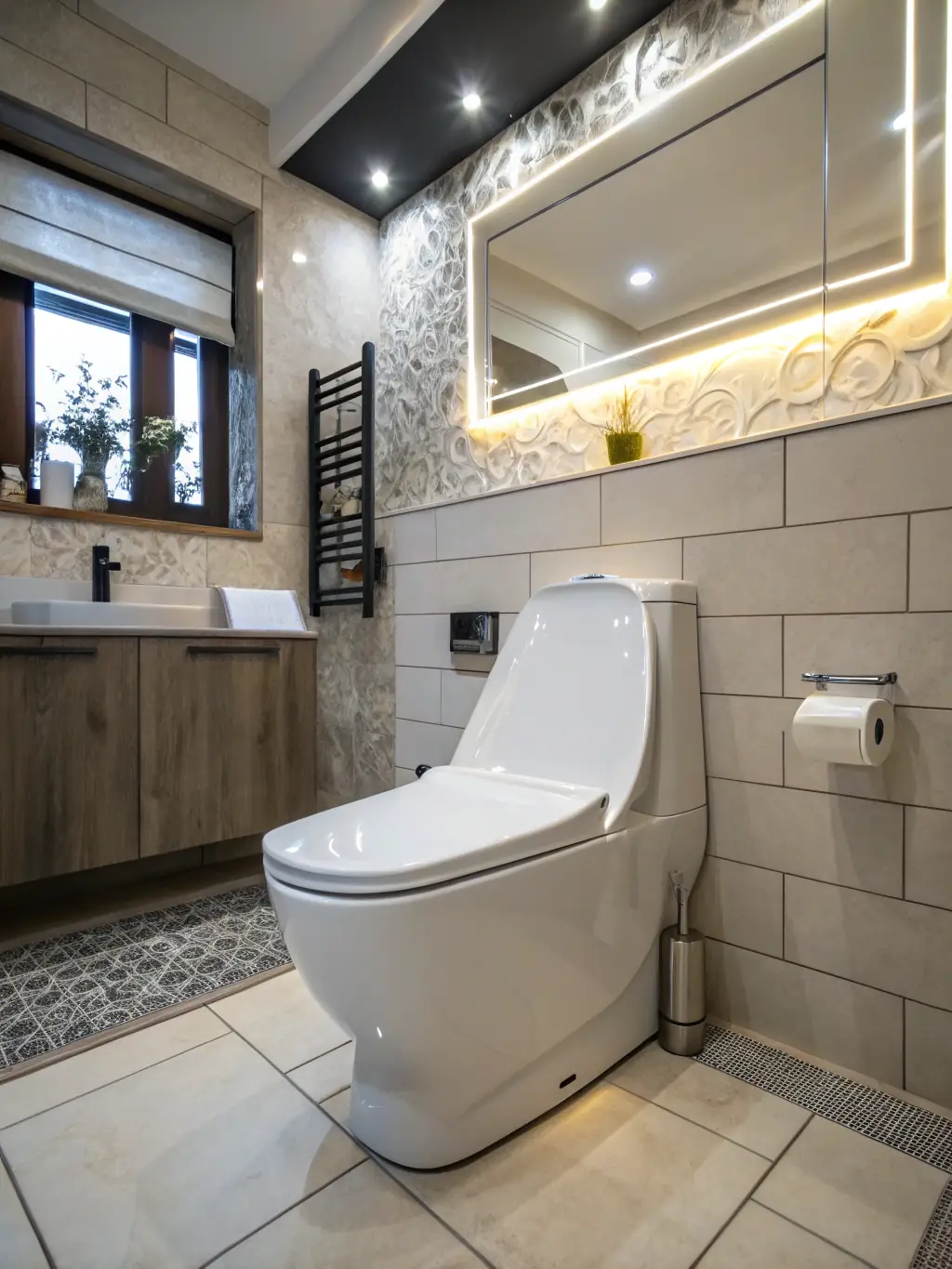 A high-resolution image of a modern, wall-mounted toilet with a sleek, minimalist design, showcasing its smooth lines and elegant form.