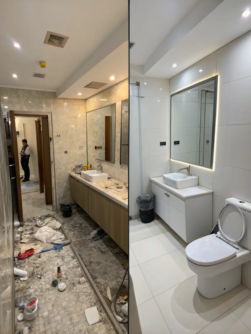 A before-and-after shot of a bathroom renovation, highlighting the transformation from an outdated space to a contemporary design with new tiles and fixtures, representing Vitra Bathroom's renovation service.