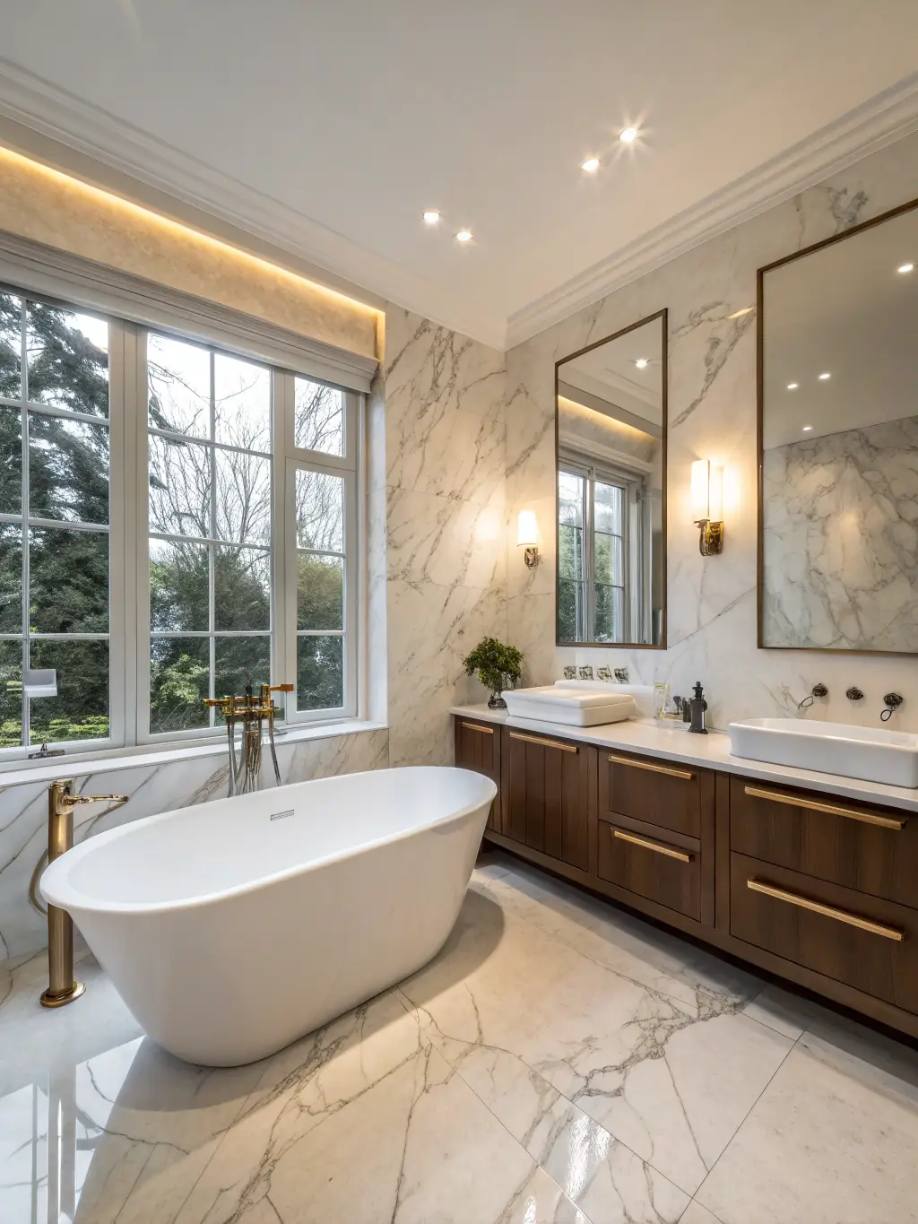 A brightly lit, modern bathroom with sleek, minimalist fixtures and a large window offering a city view, showcasing Vitra Bathroom's architectural design service.