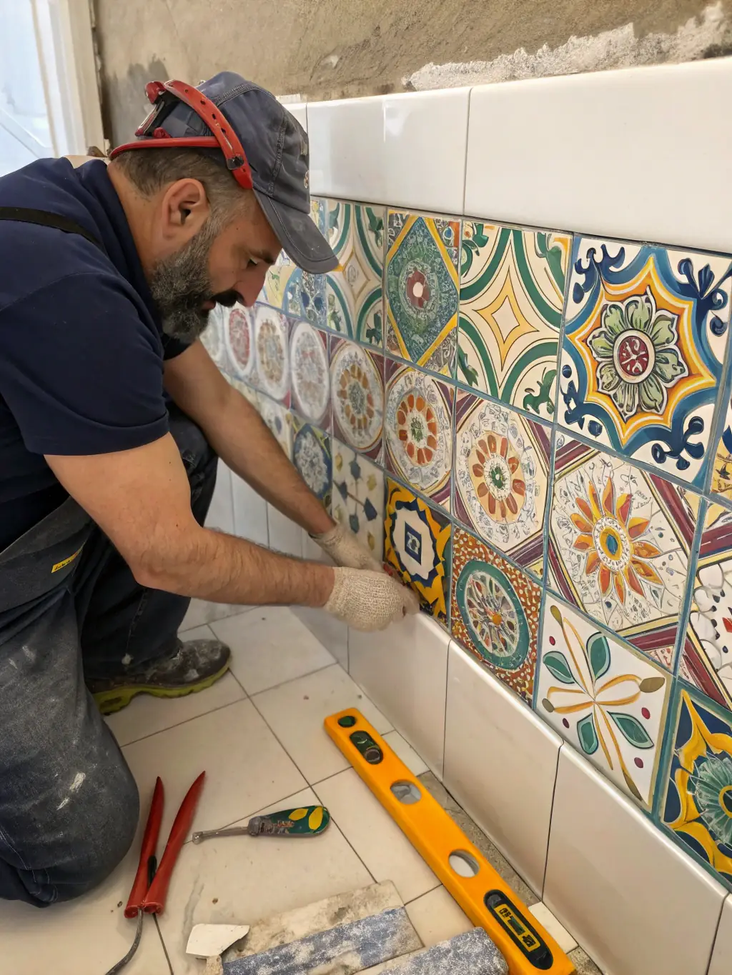 A craftsman carefully installing new tiles in a bathroom, showcasing the quality and precision of Vitra Bathroom's repair services.