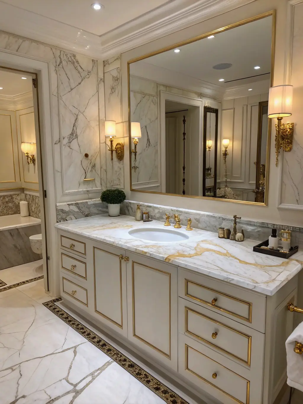 A stylish vanity unit with a marble countertop and integrated sink, showcasing its elegant design and practical storage solutions.