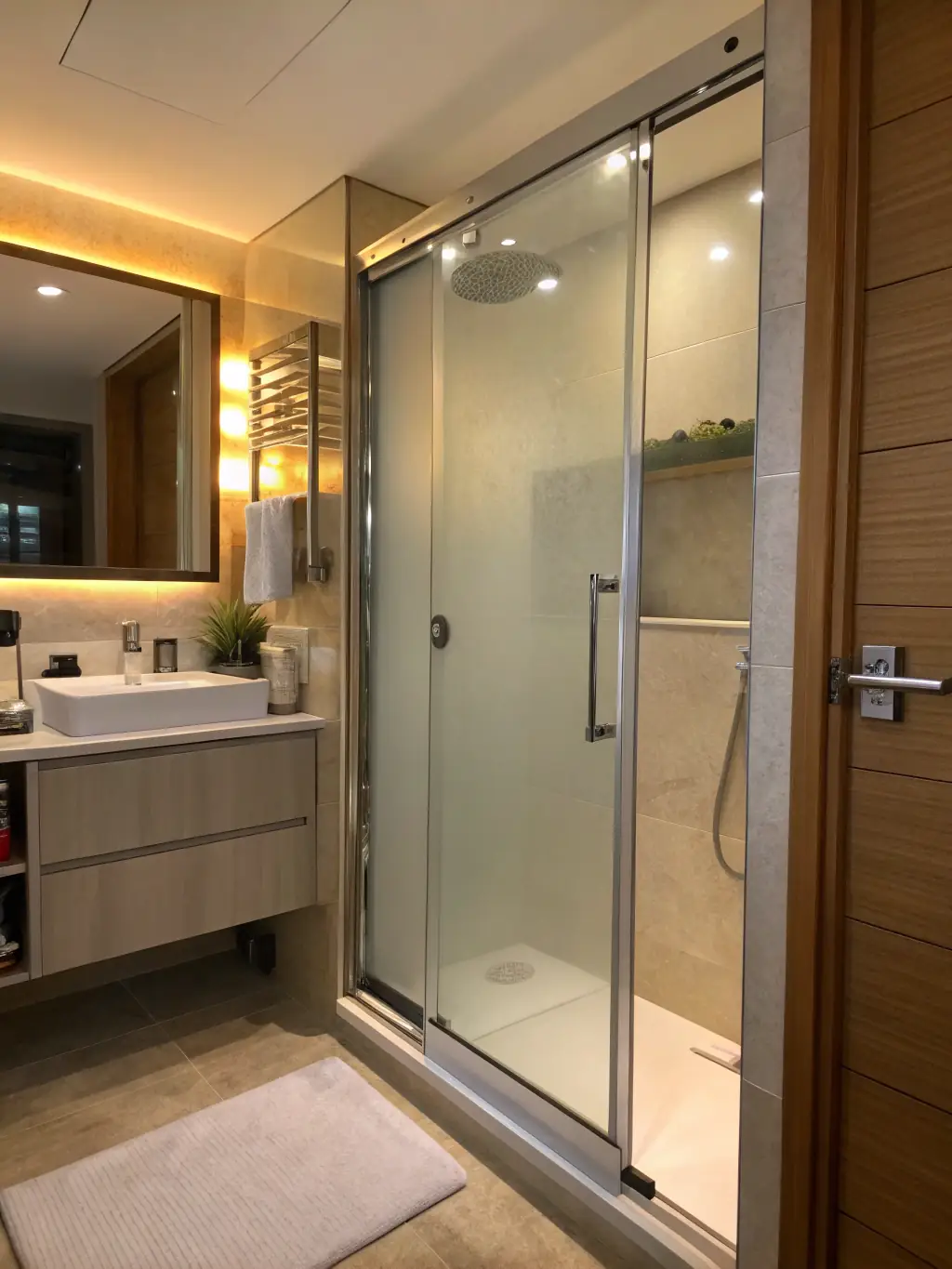 A modern shower enclosure with frameless glass doors and sleek hardware, highlighting its spacious interior and contemporary design.