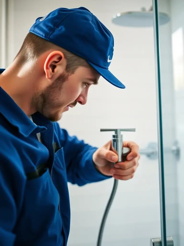 A close-up of a skilled technician repairing a leaky faucet in a modern bathroom, highlighting the attention to detail in repair services.