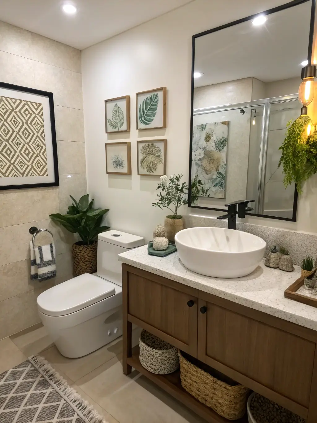 A modern bathroom interior featuring Vitra's sleek, wall-mounted toilet and minimalist sink design, showcasing the architectural design service's focus on contemporary aesthetics.