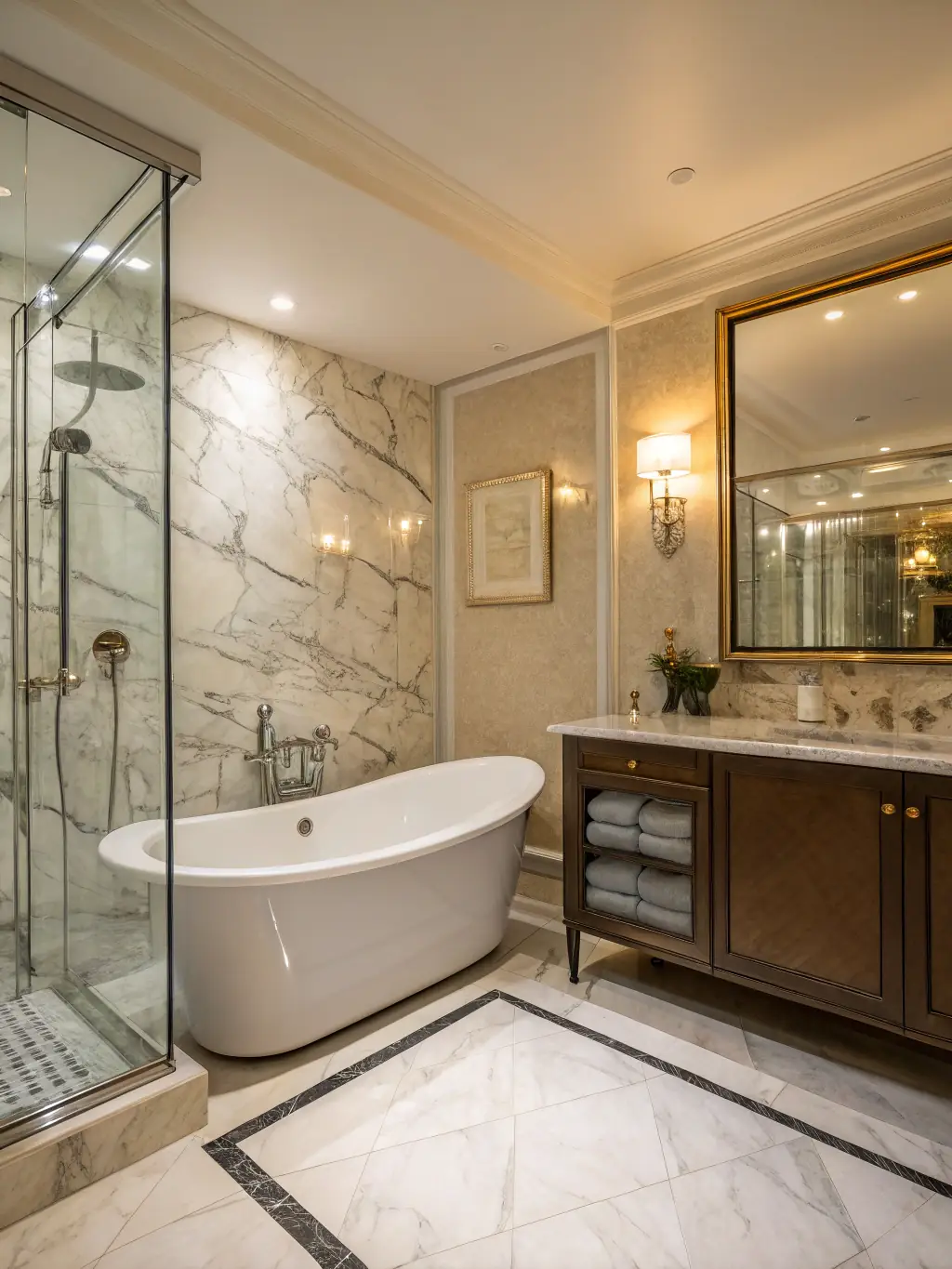 A luxurious bathroom featuring high-end Vitra fixtures, including a freestanding bathtub and a stylish vanity, showcasing the quality of products used.