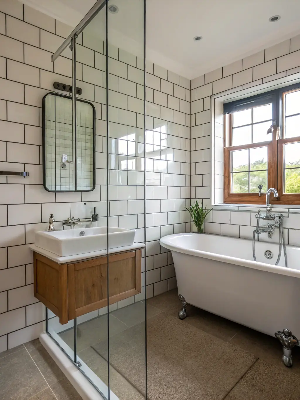 A renovated bathroom with Vitra's elegant bathtub and updated tiling, highlighting the renovation service's ability to transform outdated spaces into modern havens.