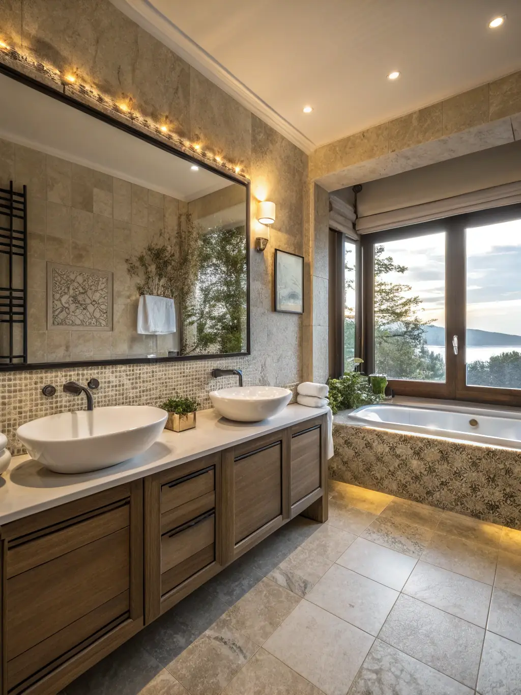 A brightly lit, modern bathroom with sleek, minimalist fixtures and a large window showing a cityscape, emphasizing architectural design.