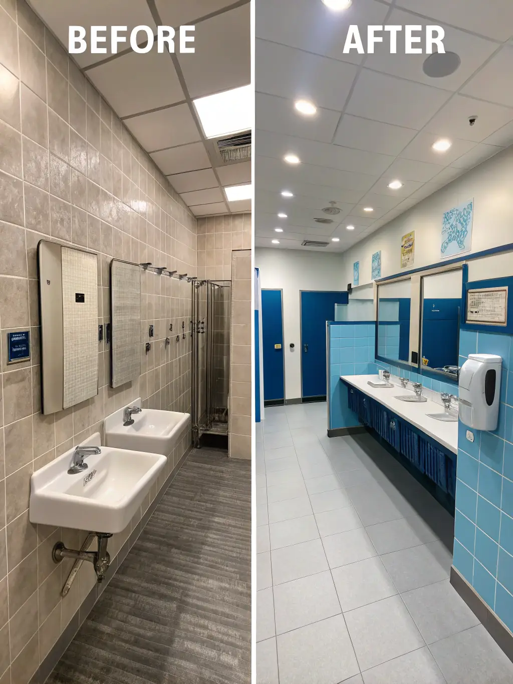 A before-and-after shot of a bathroom renovation, showing the transformation from an outdated space to a contemporary design.