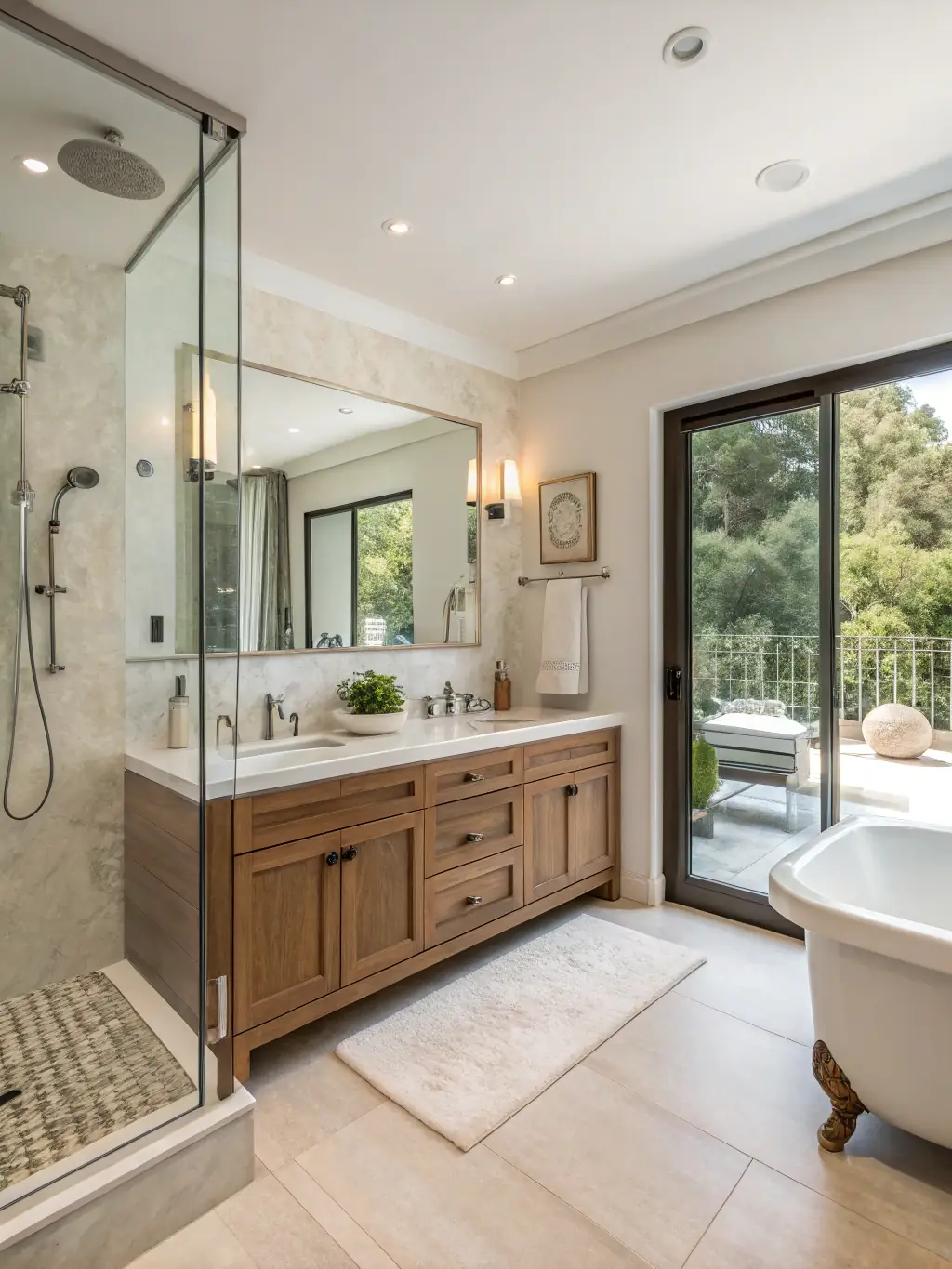 A well-lit bathroom featuring Vitra's smart mirror with integrated lighting and storage, demonstrating the architectural design service's integration of technology and functionality.